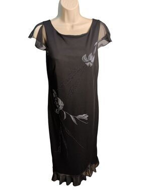ABG Women's Short-flutter-sleeve Floral Beaded Embroidery Dress Black Size 6